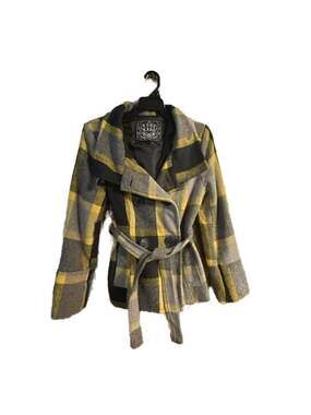 Last Kiss Women's Yellow and Grey Plaid Double-Breasted Belted Peacoat
